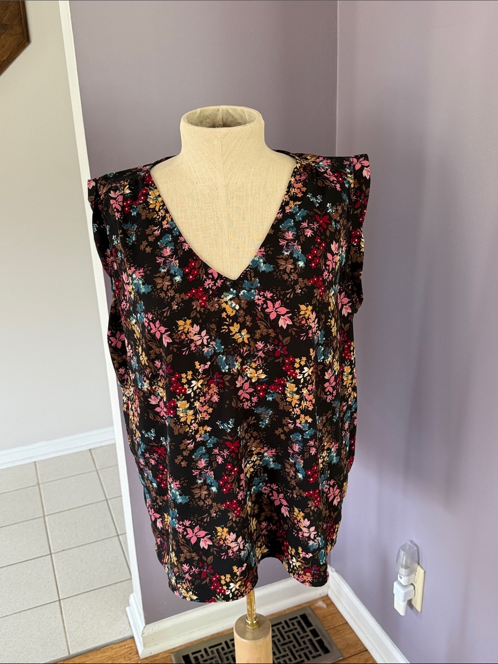 Maurices Black Floral V-Neck blouse with Pink & Teal Accents